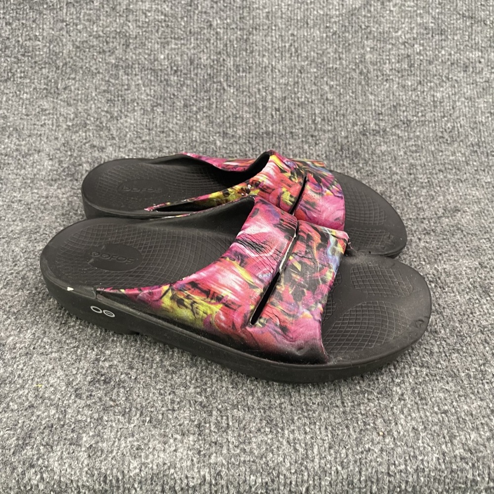 OOFOS OOahh Limited Slide Sandals Womens Sz 11 Neon Rose Abstract Print Black